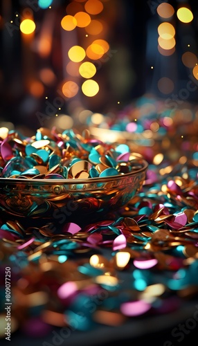 Colorful shiny confetti in a glass bowl on a dark background