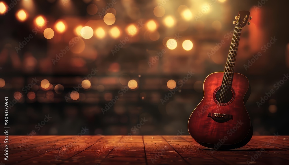 Show Glow HUD Big icon set of a classical guitar, conveying the soulful sound of music with a very blurry backdrop of a dimly lit stage