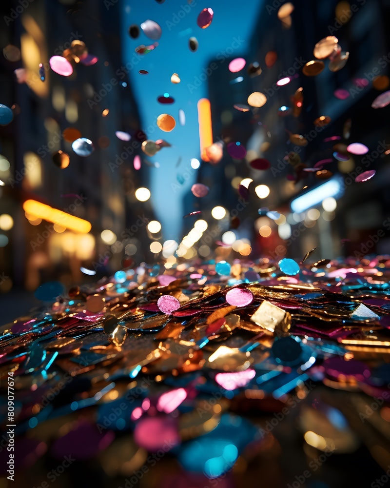 A low angle shot of confetti falling on a city street with buildings in the background