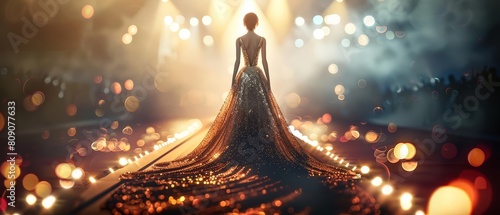 Show Gold Glow HUD icon of an elegant evening gown, epitomizing the glamour of fashion with a very blurry backdrop of a runway show