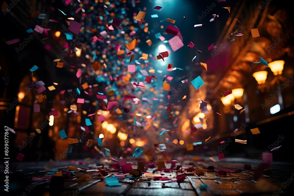 Flying confetti in the night city. 3d rendering, 3d illustration.