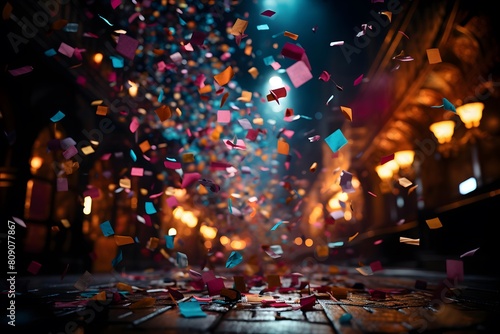 Flying confetti in the night city. 3d rendering, 3d illustration.