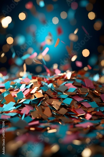 Shiny confetti with bokeh on blue background. 3d rendering