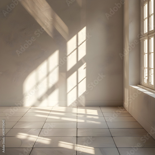 Empty room with minimalist design, sunlight streaming through a window casting intricate shadows on the interior, highlighting the beauty of simple, functional spaces. 3D digital rendering © Daniela