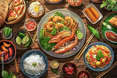 Thai art style creative design intersects with the bustling world of street food  celebrating culinary artistry in an illustration template