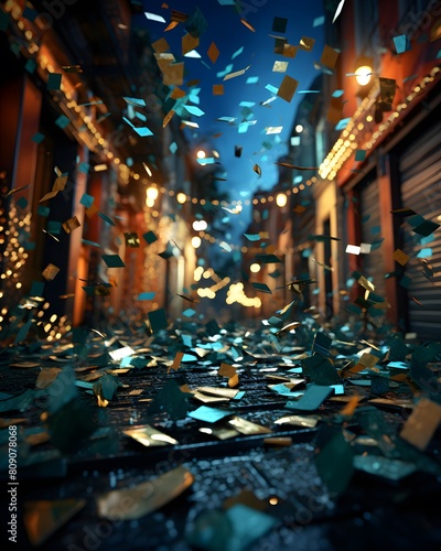 City street at night with falling confetti. 3d illustration.