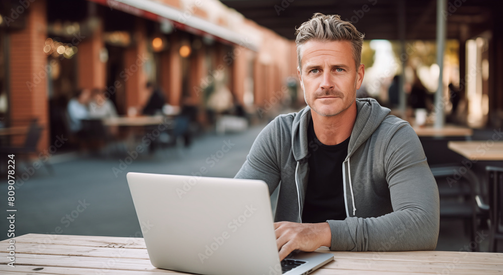 A young mid 40's man with a laptop on a caffe table outside looking at the camera A young mid 40's man with a laptop on a caffe table outside looking at the camera