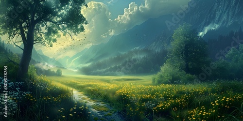 Serene Mist Shrouded Meadow in Verdant Mountain Landscape with Sunlit Winding Path