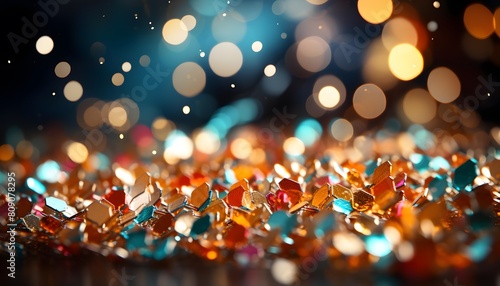 Multicolored shiny confetti on dark background with bokeh effect. Banner