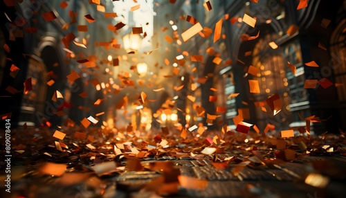 Golden confetti falling on the floor in the center of the city
