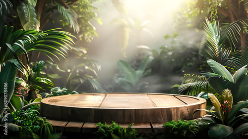 A circular wooden podium set in a dense  misty jungle scene with vibrant green foliage  perfect for natural-themed product displays