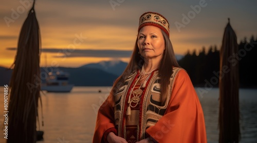 A dignified indigenous woman in traditional regalia standing by the water at sunset. AI-generated. (ID: 809078856)