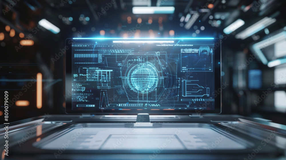 frontal view of a futuristic holographic monitor of a super advanced computer. The monitor is white and shiny frontal view of a futuristic holographic monitor of a super advanced computer. The monitor is white and shiny