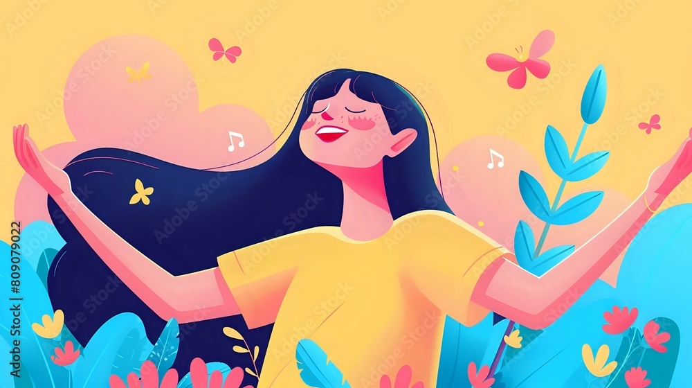 Happy Woman Surrounded by Vibrant Environment Singing Joyfully