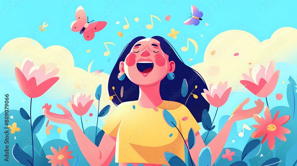 Happy Woman in Vibrant Setting Singing with Joy Happy Woman in Vibrant Setting Singing with Joy