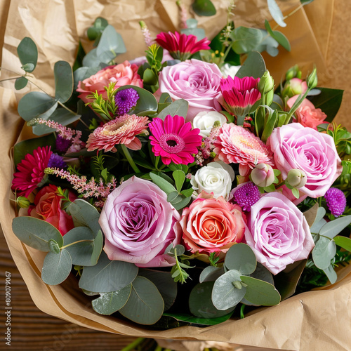 A bouquet of flowers with a mix of colors including orange, white, and purple. The flowers are arranged in a paper and tied with a ribbon.
