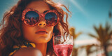 Portrait of a brunette woman wearing sunglasses and having a drink at the beach 