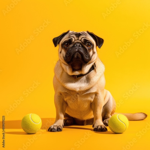 Cute pug sits with two tennis balls against a bright yellow background and looks ready to play. AI created.