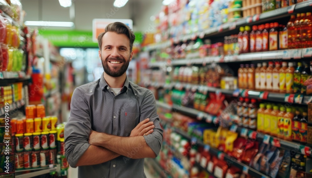 Man smiling in grocery store aisle with arms crossed.