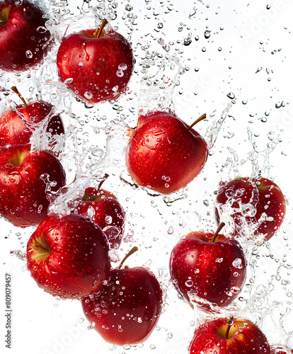 .Photography a dynamic and visually captivating Many Red Apple pieces, featuring a splash of your favorite drink