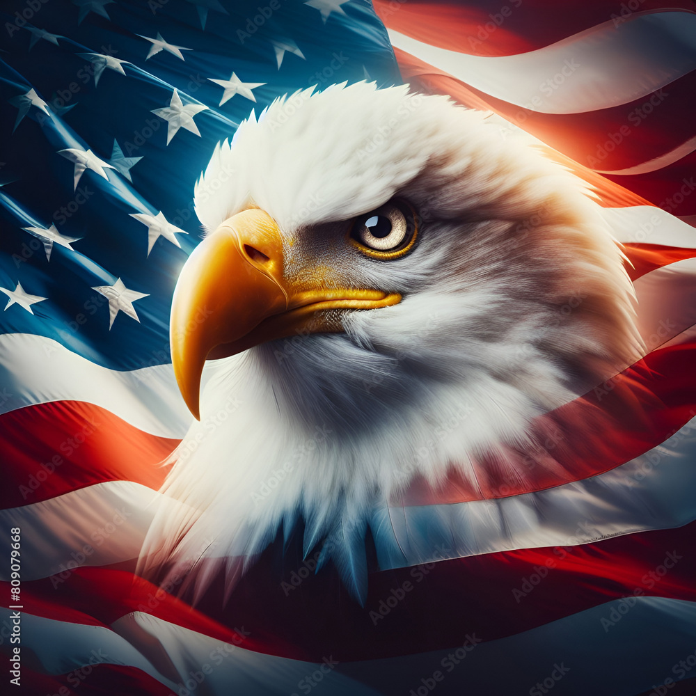 Naklejka premium A Bald eagle with American flag | Independence Day Concept