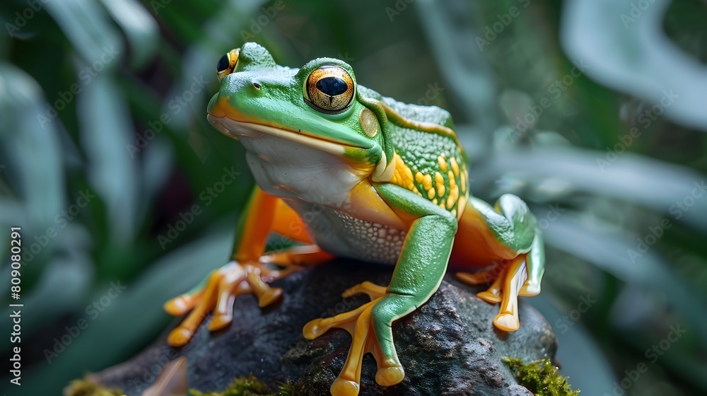 Obraz premium Adorable Green Frog with Bright Eyes Perched on Moss-Covered Tree Branch in Lush Tropical Rainforest Environment
