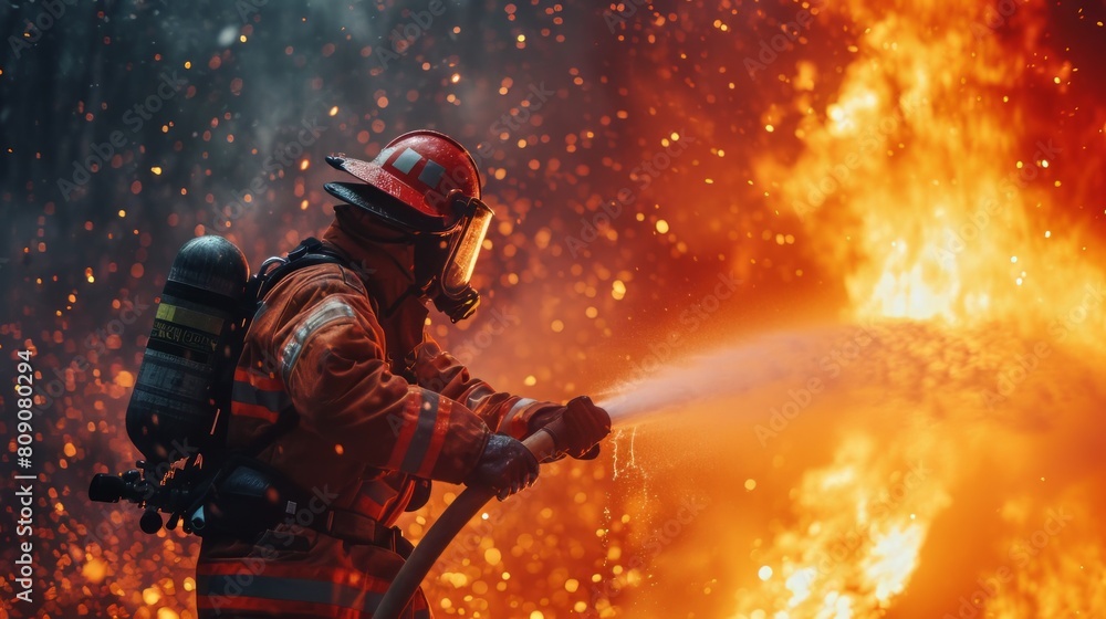 Firefighter uses hose to extinguish fire Firefighter uses hose to extinguish fire