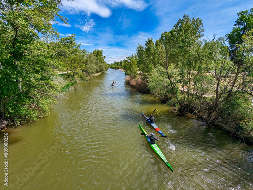 Canoeing in the Duero River, Zamora city, Spain