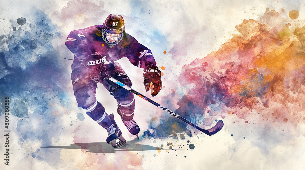 Obraz premium Dynamic Watercolor Hockey Player in Action. Generative AI