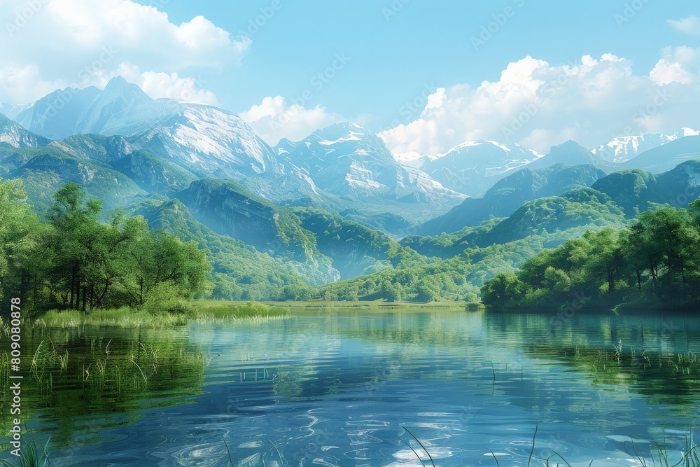 Sweeping landscape vista, showcasing natural scenery such as mountains, forests, or bodies of water with lifelike clarity