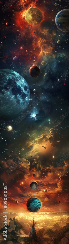 A colorful space scene with a long line of planets and a large moon A colorful space scene with a long line of planets and a large moon