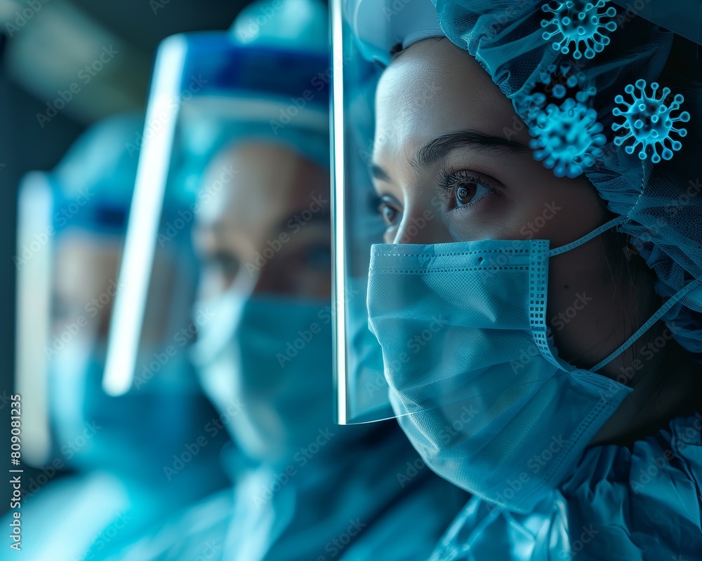 A woman in a blue surgical outfit is wearing a mask and looking at the camera