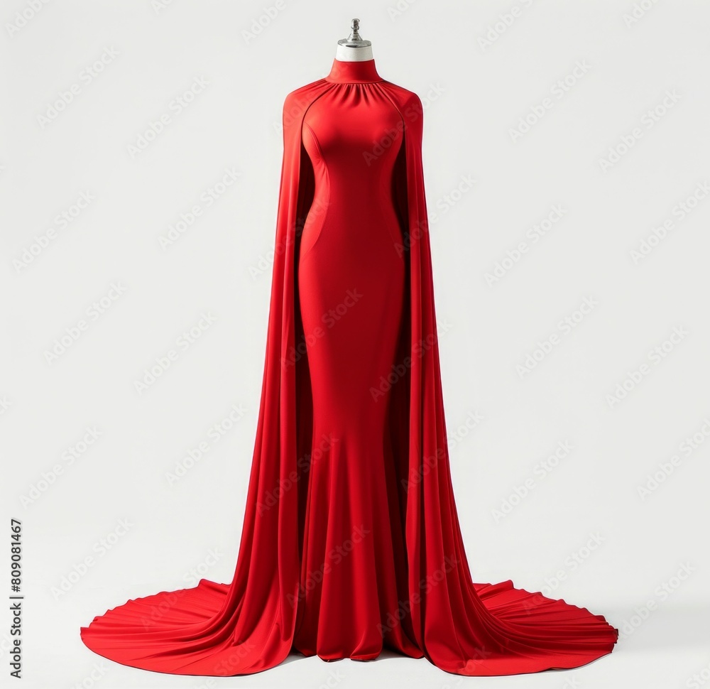 Elegant Red Cape Dress on White Background. Generative ai
