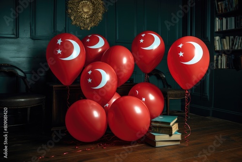 Red balloons with a crescent moon float in a dark, book-lined library. AI generated.  (ID: 809081420)
