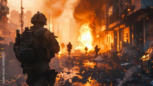 A man in a military uniform stands in front of a burning building photo