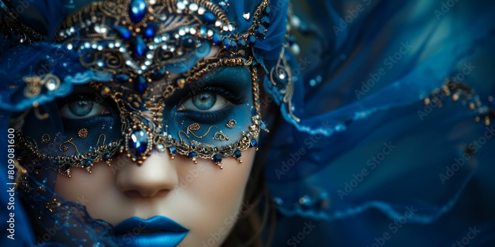 Intricate Sapphire Jeweled Mask on Woman. Generative ai.