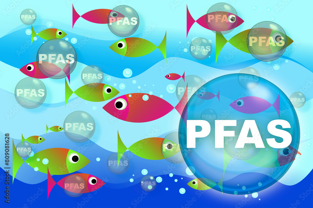 Dangerous PFAS Perfluoroalkyl and Polyfluoroalkyl substances in fish industry - Food Safety and Quality Control in seafood industry concept Dangerous PFAS Perfluoroalkyl and Polyfluoroalkyl substances in fish industry - Food Safety and Quality Control in seafood industry concept