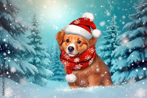 A cute puppy in a Santa hat and scarf, set against a snowy forest backdrop. AI-generated. (ID: 809081839)