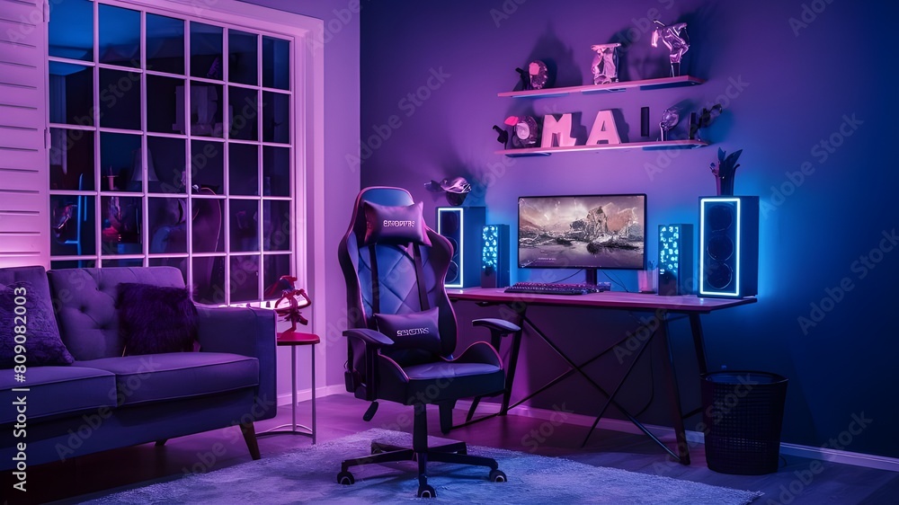 Modern gaming room with gaming chair and pc Modern gaming room with gaming chair and pc