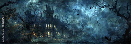 A visually captivating and gothic Halloween wallpaper featuring a derelict mansion in the distance, swallowed by twisted vines and thorns. Glowing eyes peek from the shadows, while ravens and crows photo
