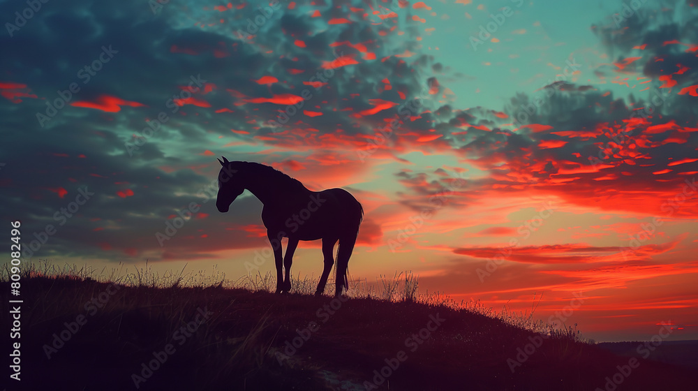 Dramatic Silhouette of Horse on Hill at Evening Dramatic Silhouette of Horse on Hill at Evening