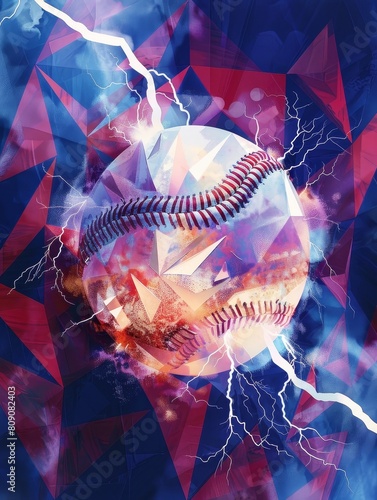 A captivating image of a baseball field during an intense electric thunderstorm, with geometric wallpaper in the background. The vibrant lightning illuminates the scene, casting a dramatic and