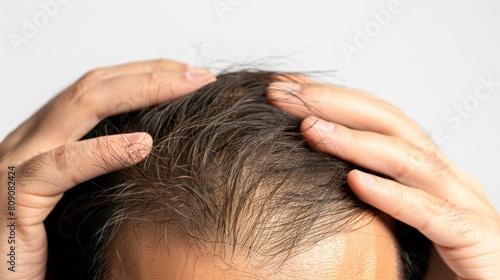 Hair Examination: Close-Up of Hands Checking Male Pattern Baldness. Generative ai