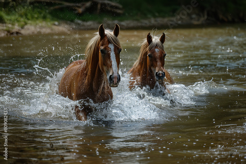 Playful Horses Splashing in Summer River  
