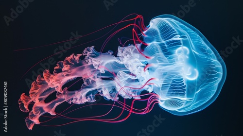 This minimalist graphic showcases an x-ray radiography of a bioluminescent jellyfish, highlighting the macromolecular assembly in white, blue, and red. The transparent structure reveals intricate photo