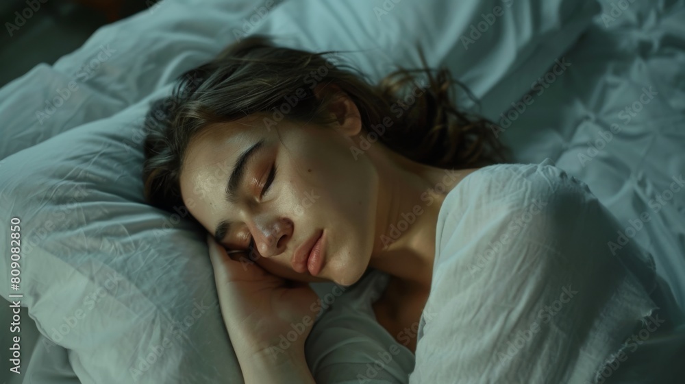 A woman is lying down in bed with her eyes shut. She appears relaxed and at ease, possibly resting or sleeping. The room is serene and minimalistic, with soft lighting. A woman is lying down in bed with her eyes shut. She appears relaxed and at ease, possibly resting or sleeping. The room is serene and minimalistic, with soft lighting.