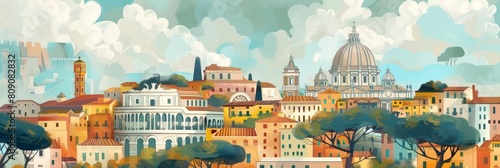 This captivating of Rome showcases the city's iconic architecture in a delightful pastel palette. Delicate lines and intricate details create a charming, hand-drawn scene, inviting the viewer to