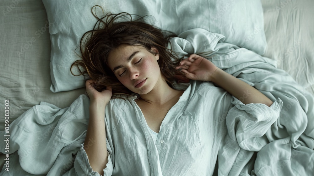 A woman with long hair is peacefully sleeping on a comfortable bed, with a pillow and blanket. Her eyelashes flutter as she dreams, emanating beauty and grace A woman with long hair is peacefully sleeping on a comfortable bed, with a pillow and blanket. Her eyelashes flutter as she dreams, emanating beauty and grace