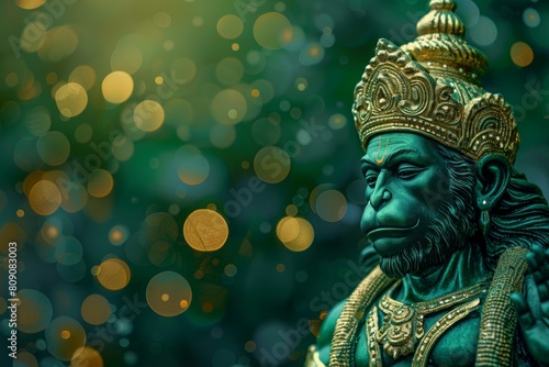 green colored Hanuman statue with bokeh background