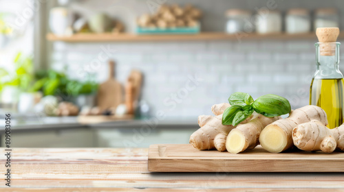 A bunch of ginger root with a few leaves on top of a wooden cutting board photo